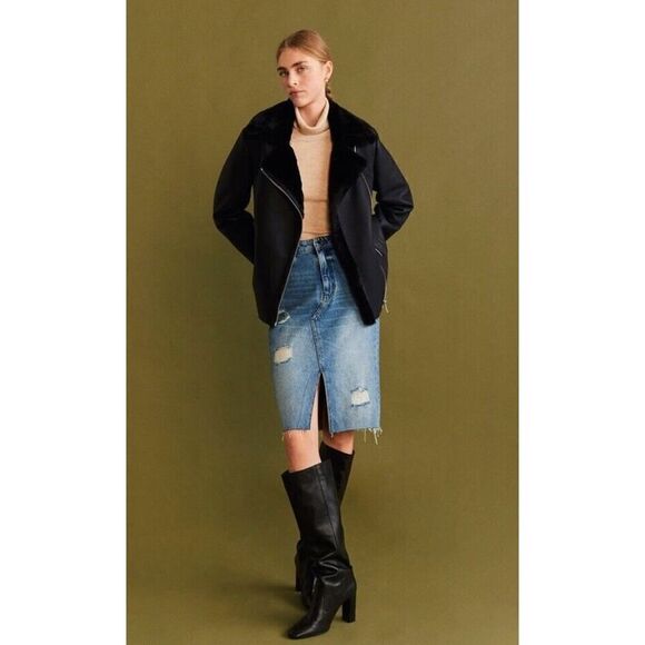 MANGO Faux-Fur Lining Biker Jacket in Black Large - Picture 1 of 13